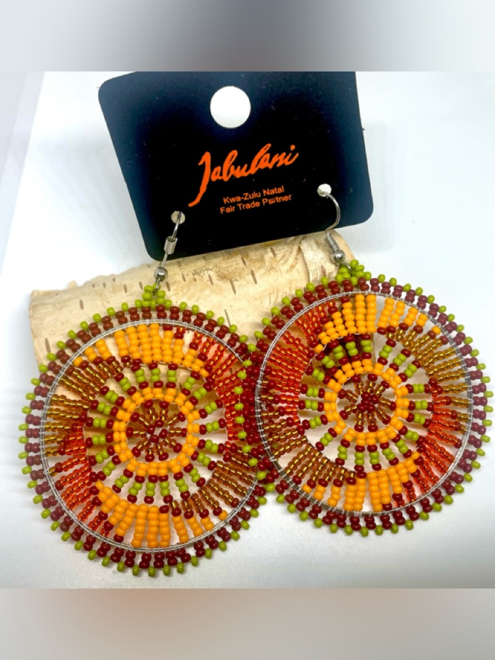Jabulani Orange Gold Green Sun Wheel Round Hoop Africa Fair Trade Earrings NWT